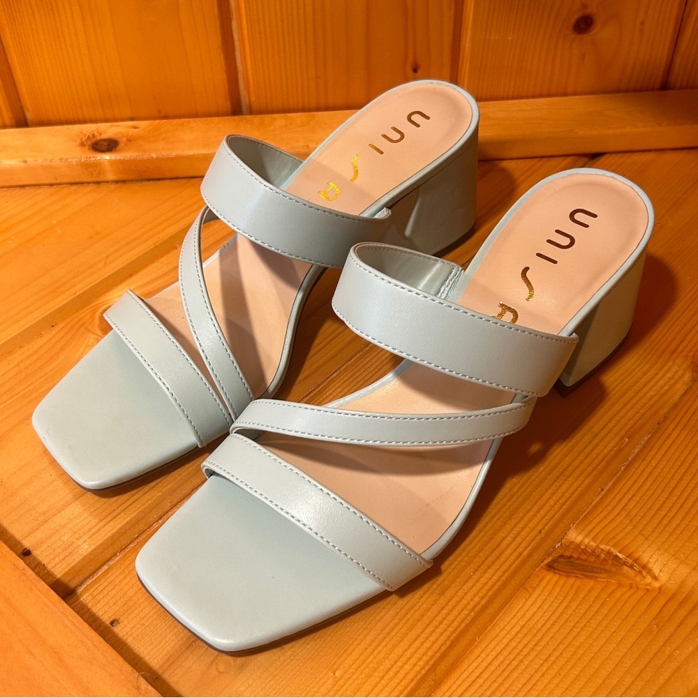 Unisa Miriam Square Toe Slide Sandal Block Heels Light Blue NWOT